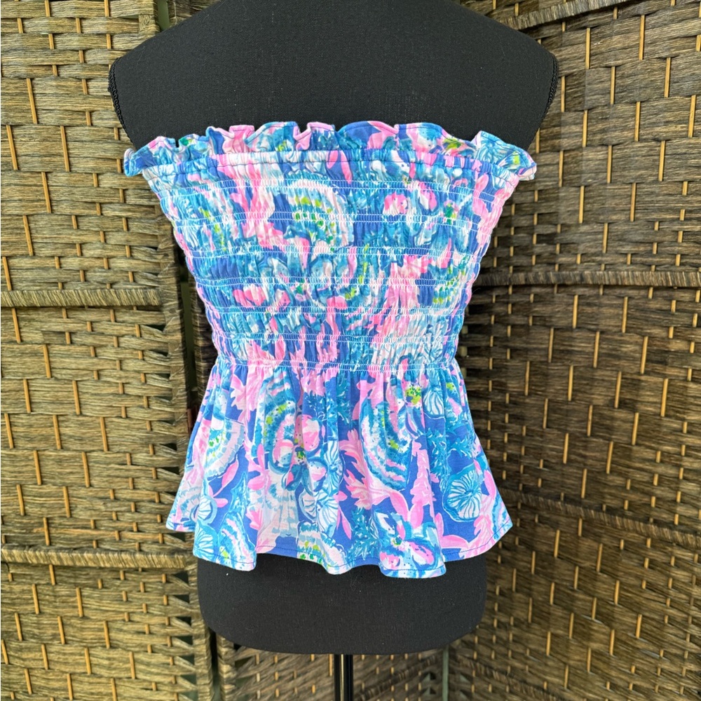 Lilly Pulitzer Jadis Strapless Knit Top Sz S Blue Tang Sitting Seaside